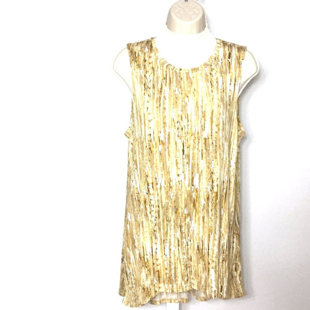 Lori Goldstein LOGO Layers Abstract  Printed Knit Tank Top M Blouse Shirt Yellow